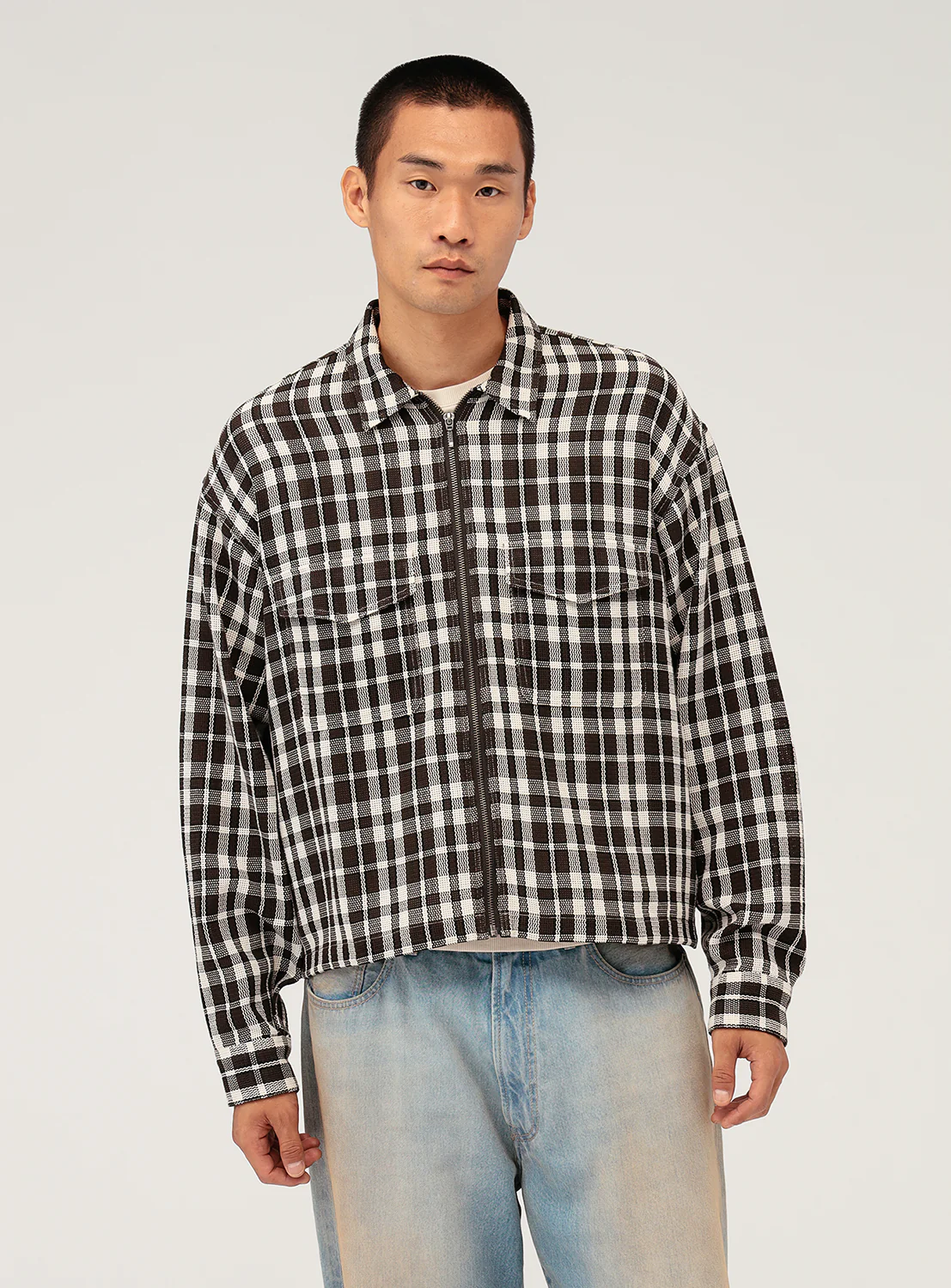 Mesh Checkered Zip Up Shirt