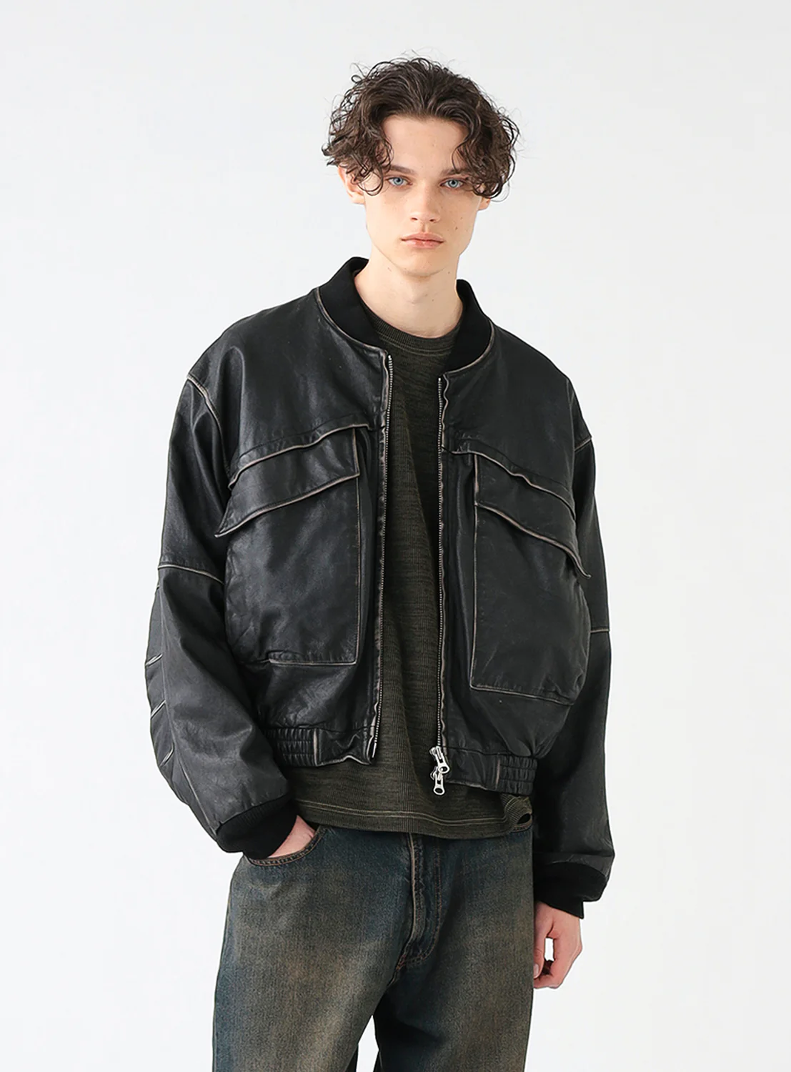 Distressed Leather Short Jacket