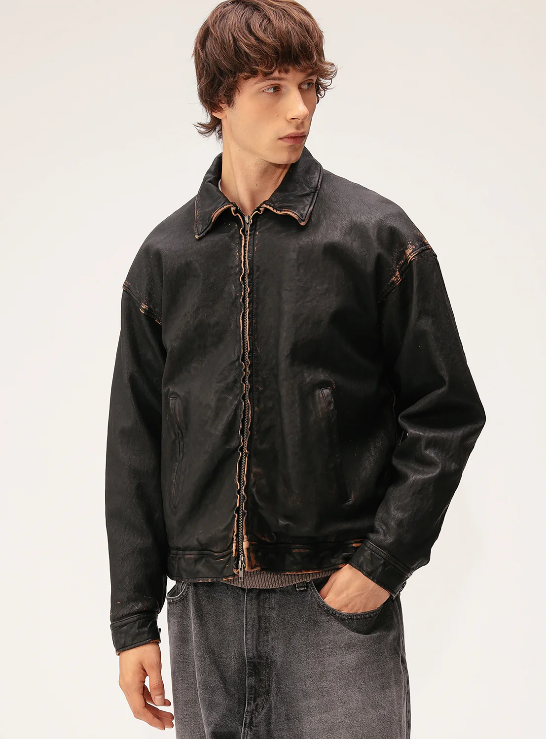 Distressed Leather Zip Jacket