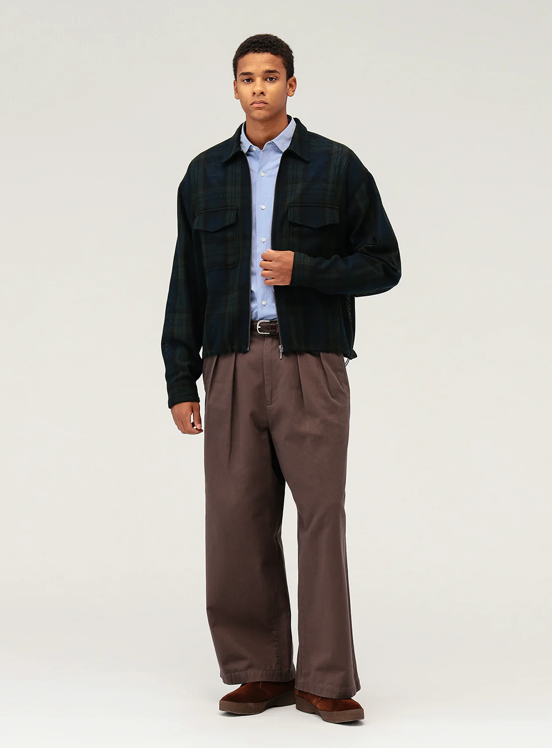 Mesh Checkered Zip Up Shirt